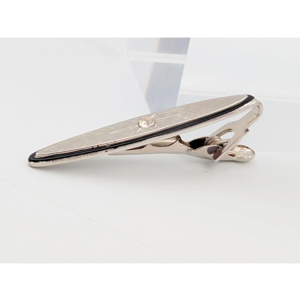 Vintage Foster Tie Clip Silver Tone Rhinestone Mens Formal